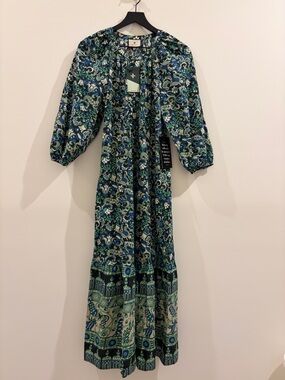 Tuckernuck Lyles Dress Green Batik Floral Puff Sleeve Belted Midi Size M NWT